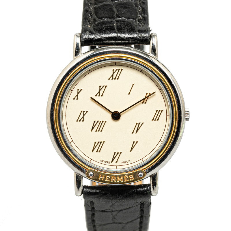 エルメス メテオール ベルト（社外品） 腕時計 クオーツ アイボリー文字盤 ステンレススチール レディース HERMES 【中古】