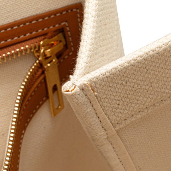 セリーヌ ホリゾンタル カバ トートバッグ ハンドバッグ ホワイト ブラウン キャンバス レザー レディース CELINE 【中古】