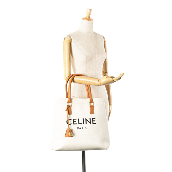 セリーヌ ホリゾンタル カバ トートバッグ ハンドバッグ ホワイト ブラウン キャンバス レザー レディース CELINE 【中古】