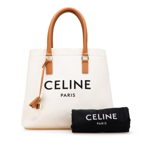 セリーヌ ホリゾンタル カバ トートバッグ ハンドバッグ ホワイト ブラウン キャンバス レザー レディース CELINE 【中古】