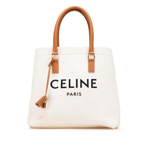 セリーヌ ホリゾンタル カバ トートバッグ ハンドバッグ ホワイト ブラウン キャンバス レザー レディース CELINE 【中古】