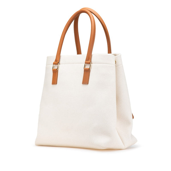 セリーヌ ホリゾンタル カバ トートバッグ ハンドバッグ ホワイト ブラウン キャンバス レザー レディース CELINE 【中古】