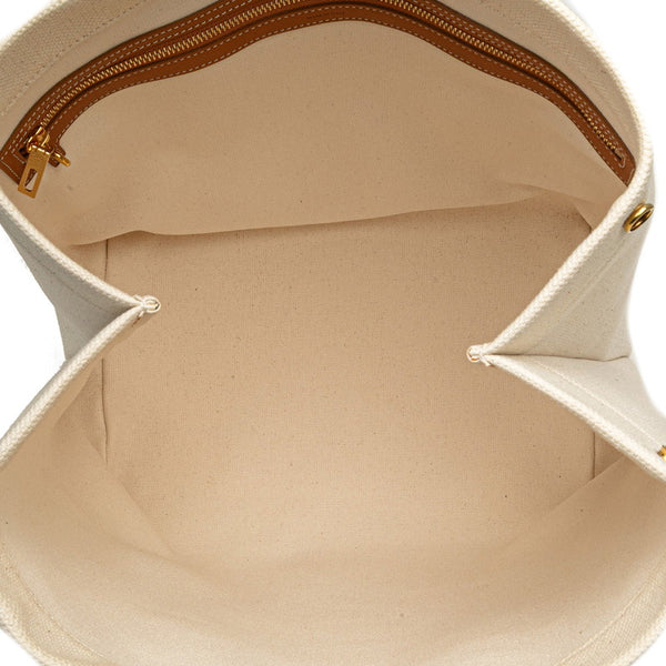 セリーヌ ホリゾンタル カバ トートバッグ ハンドバッグ ホワイト ブラウン キャンバス レザー レディース CELINE 【中古】