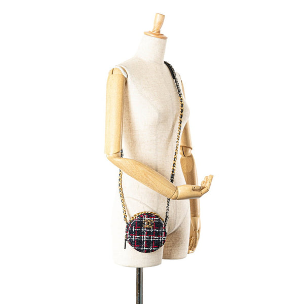 シャネル シャネル19 ラウンド型 斜め掛け チェーン ショルダーバッグ ネイビー レッド ツイード レザー レディース CHANEL 【中古】