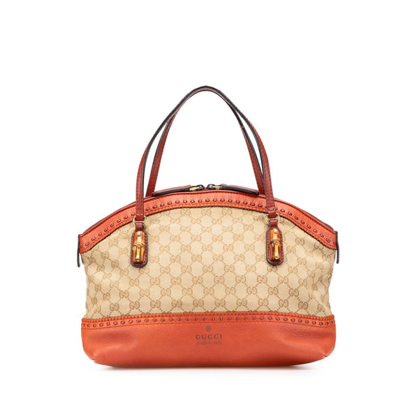 グッチ GGキャンバス バンブー ハンドバッグ 339002 ベージュ ブラウン キャンバス レザー レディース GUCCI 【中古】