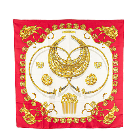 エルメス カレ90 黄金の騎士 LES CAVALIERS D'OR スカーフ レッド ホワイト ベージュ シルク レディース HERMES 【中古】