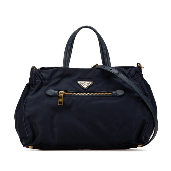 プラダ 三角ロゴプレート ハンドバッグ ショルダーバッグ 2WAY B1843M ネイビー ナイロン レザー レディース PRADA 【中古】