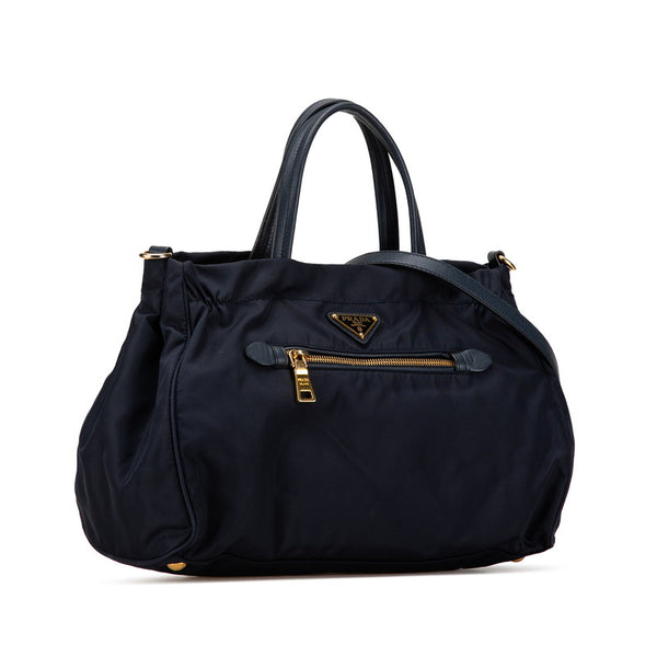 プラダ 三角ロゴプレート ハンドバッグ ショルダーバッグ 2WAY B1843M ネイビー ナイロン レザー レディース PRADA 【中古】