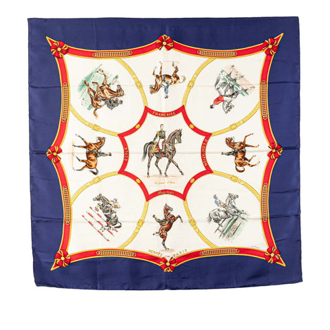 エルメス カレ90 ECOLE FRANCAISE D'EQUITATION フランス国立乗馬学校  スカーフ ネイビー ホワイト マルチカラー シルク レディース HERMES 【中古】