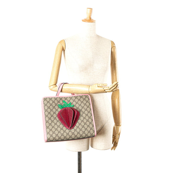 グッチ GGスプリーム チルドレンズ 3D ストロベリー ハンドバッグ 630589 ブラウン ピンク グリーン PVC レザー レディース GUCCI 【中古】