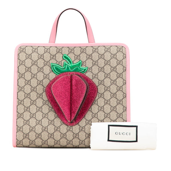 グッチ GGスプリーム チルドレンズ 3D ストロベリー ハンドバッグ 630589 ブラウン ピンク グリーン PVC レザー レディース GUCCI 【中古】