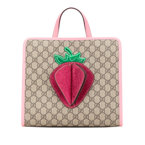 グッチ GGスプリーム チルドレンズ 3D ストロベリー ハンドバッグ 630589 ブラウン ピンク グリーン PVC レザー レディース GUCCI 【中古】
