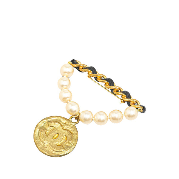 シャネル ヴィンテージ ココマーク フェイクパール ブローチ ゴールド メッキ レザー レディース CHANEL 【中古】