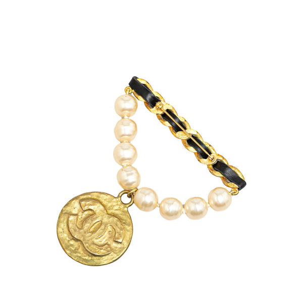 シャネル ヴィンテージ ココマーク フェイクパール ブローチ ゴールド メッキ レザー レディース CHANEL 【中古】
