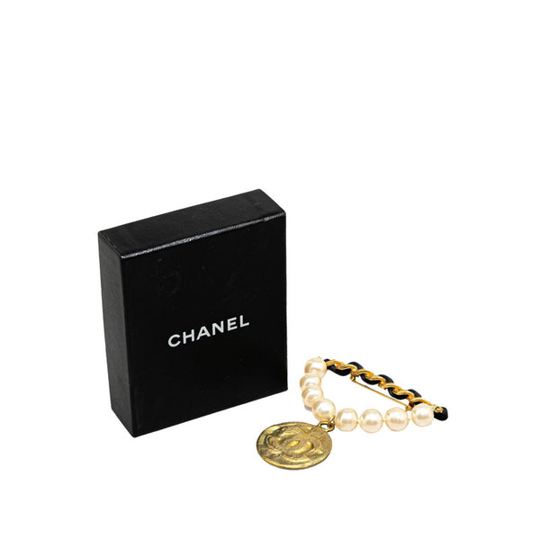 シャネル ヴィンテージ ココマーク フェイクパール ブローチ ゴールド メッキ レザー レディース CHANEL 【中古】