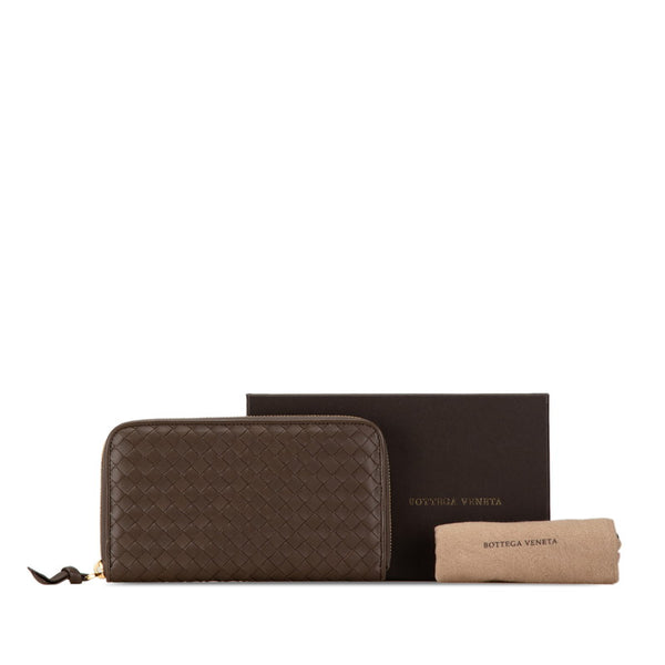 ボッテガヴェネタ イントレチャート ラウンドファスナー 長財布 ブラウン レザー レディース BOTTEGAVENETA 【中古】