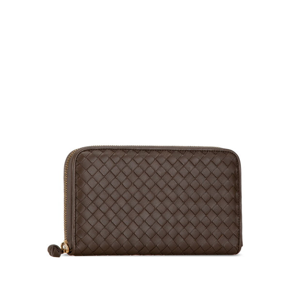 ボッテガヴェネタ イントレチャート ラウンドファスナー 長財布 ブラウン レザー レディース BOTTEGAVENETA 【中古】