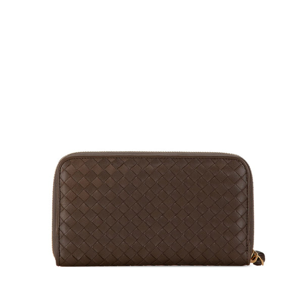 ボッテガヴェネタ イントレチャート ラウンドファスナー 長財布 ブラウン レザー レディース BOTTEGAVENETA 【中古】