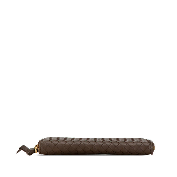 ボッテガヴェネタ イントレチャート ラウンドファスナー 長財布 ブラウン レザー レディース BOTTEGAVENETA 【中古】
