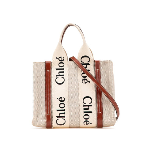 クロエ ウッディ スモール ハンドバッグ ショルダーバッグ 2WAY ベージュ ブラウン キャンバス レザー レディース Chloe 【中古】