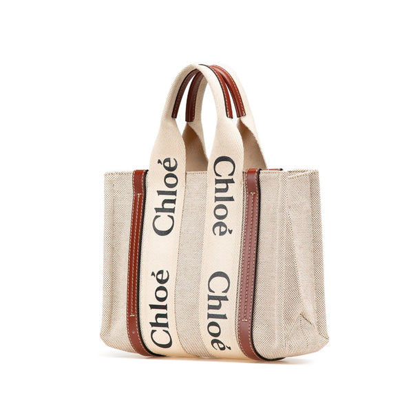 クロエ ウッディ スモール ハンドバッグ ショルダーバッグ 2WAY ベージュ ブラウン キャンバス レザー レディース Chloe 【中古】