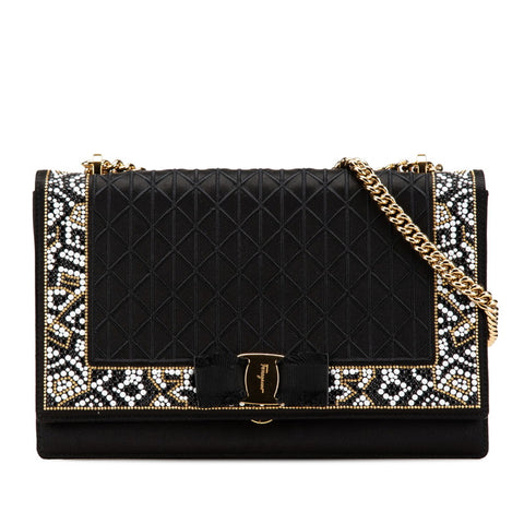 サルヴァトーレフェラガモ ヴァラリボン チェーン ショルダーバッグ ブラック サテン レザー レディース Salvatore Ferragamo 【中古】