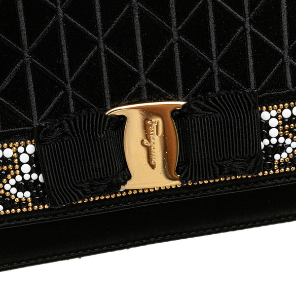 サルヴァトーレフェラガモ ヴァラリボン チェーン ショルダーバッグ ブラック サテン レザー レディース Salvatore Ferragamo 【中古】