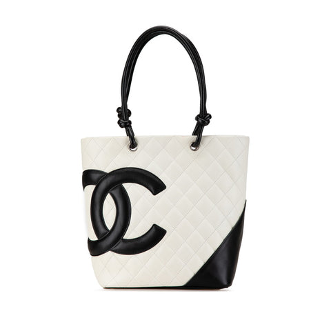 シャネル カンボンライン ココマーク ハンドバッグ トートバッグ ホワイト ブラック レザー レディース CHANEL 【中古】