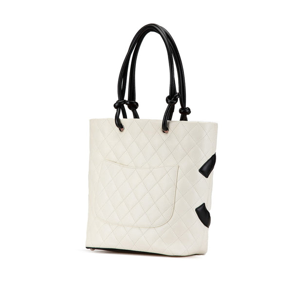 シャネル カンボンライン ココマーク ハンドバッグ トートバッグ ホワイト ブラック レザー レディース CHANEL 【中古】