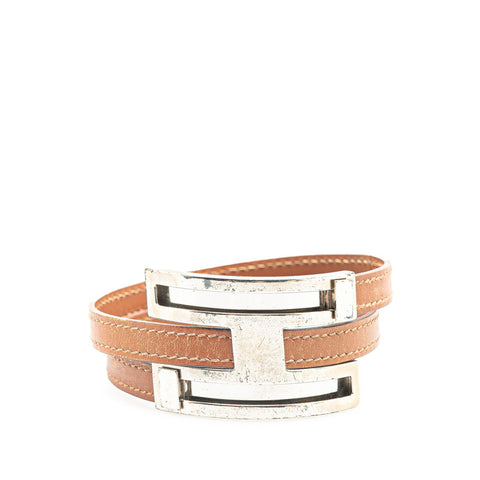 エルメス プスプス バングル ブラウン シルバー レザー メタル レディース HERMES 【中古】