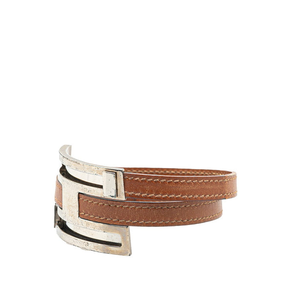 エルメス プスプス バングル ブラウン シルバー レザー メタル レディース HERMES 【中古】