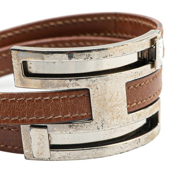 エルメス プスプス バングル ブラウン シルバー レザー メタル レディース HERMES 【中古】
