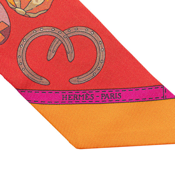エルメス ツイリー JOCKEY ジョッキー 馬術用帽子 モチーフ スカーフ レッド オレンジ シルク レディース HERMES 【中古】