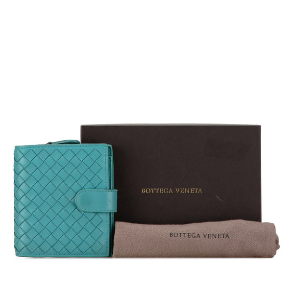 ボッテガヴェネタ イントレチャート 二つ折り財布 ブルー グリーン レザー レディース BOTTEGAVENETA 【中古】