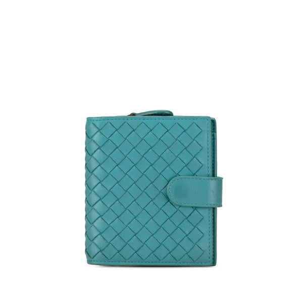 ボッテガヴェネタ イントレチャート 二つ折り財布 ブルー グリーン レザー レディース BOTTEGAVENETA 【中古】