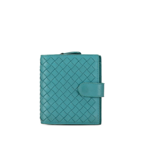 ボッテガヴェネタ イントレチャート 二つ折り財布 ブルー グリーン レザー レディース BOTTEGAVENETA 【中古】