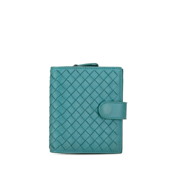 ボッテガヴェネタ イントレチャート 二つ折り財布 ブルー グリーン レザー レディース BOTTEGAVENETA 【中古】