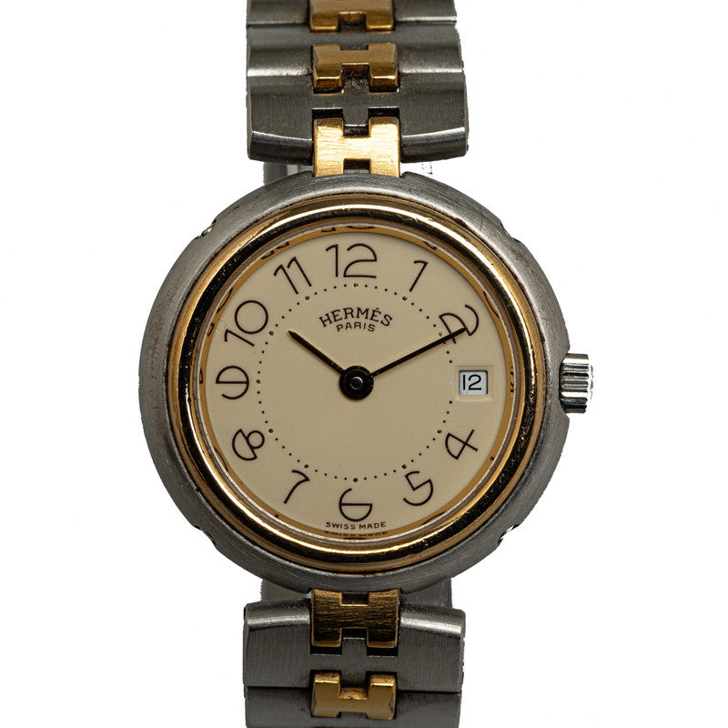エルメス プロフィール デイト 腕時計 クオーツ アイボリー文字盤 ステンレススチール メッキ レディース HERMES 【中古】