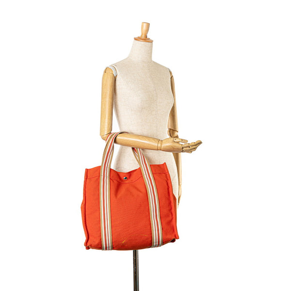 エルメス サックドプラージュ ハンドバッグ トートバッグ オレンジ ホワイト キャンバス レディース HERMES 【中古】