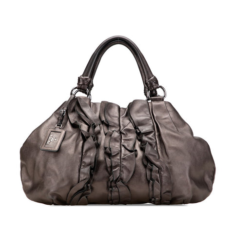 プラダ フリル ハンドバッグ ブラウン ブロンズ ナッパレザー レディース PRADA 【中古】
