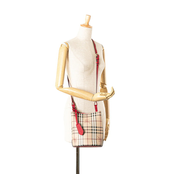 バーバリー ノバチェック シャドーホース ショルダーバッグ ベージュ レッド PVC レザー レディース BURBERRY 【中古】