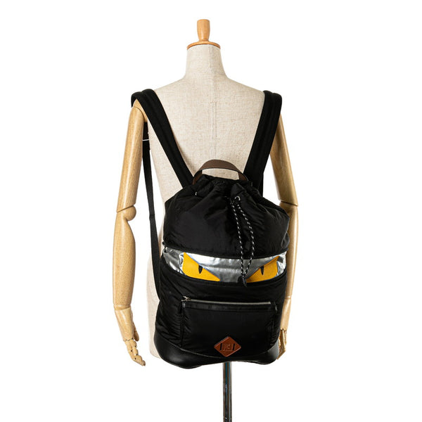 フェンディ バグズアイ モンスター リュック バックパック 7VZ054 ブラック ナイロン レザー レディース FENDI 【中古】