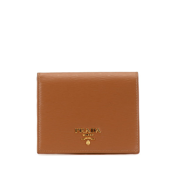 プラダ ロゴ金具 二つ折り財布 1MV204 ブラウン レザー レディース PRADA 【中古】
