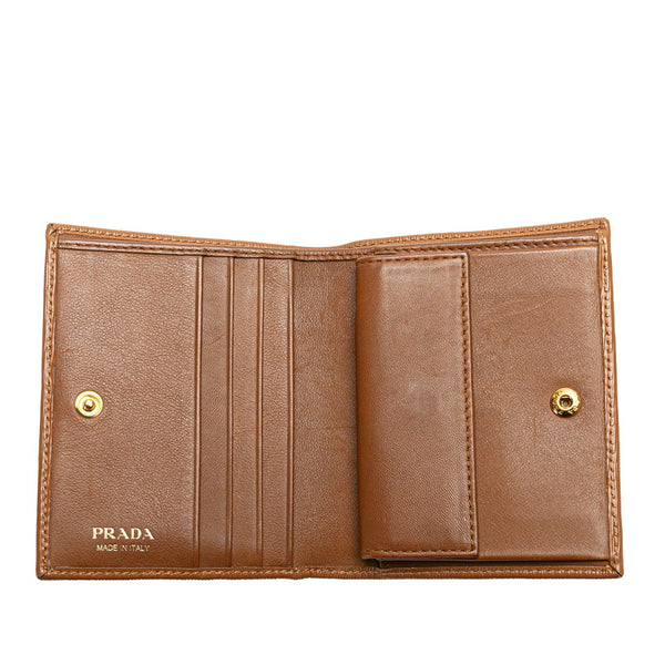 プラダ ロゴ金具 二つ折り財布 1MV204 ブラウン レザー レディース PRADA 【中古】
