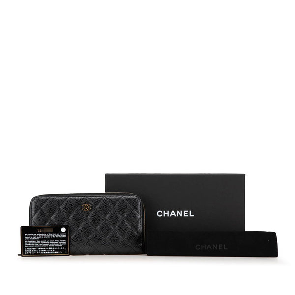 シャネル マトラッセ ココマーク ラウンドファスナー 長財布 ブラック キャビアスキン レディース CHANEL 【中古】