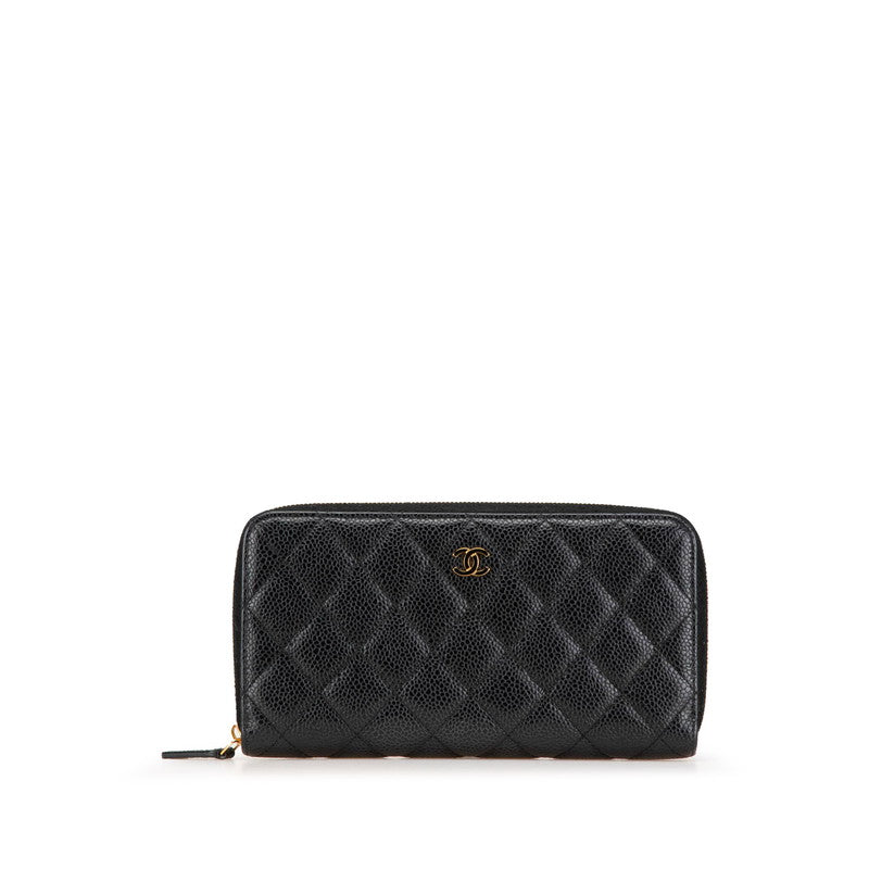 シャネル マトラッセ ココマーク ラウンドファスナー 長財布 ブラック キャビアスキン レディース CHANEL 【中古】