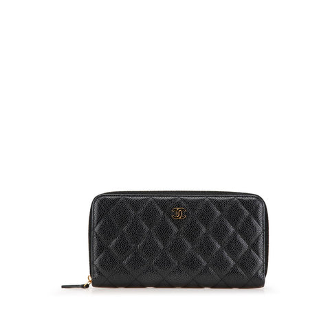 シャネル マトラッセ ココマーク ラウンドファスナー 長財布 ブラック キャビアスキン レディース CHANEL 【中古】