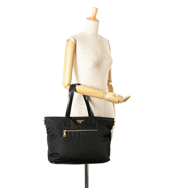 プラダ 三角ロゴプレート トートバッグ ブラック ナイロン レザー レディース PRADA 【中古】
