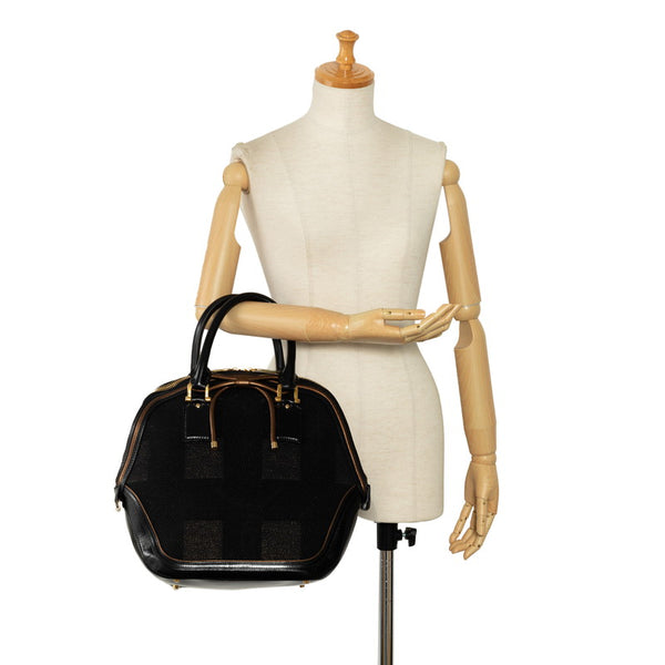 バーバリー チェック リボン ロゴプレート トートバッグ ブラック ブラウン コットン レザー レディース BURBERRY 【中古】