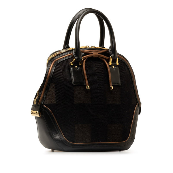バーバリー チェック リボン ロゴプレート トートバッグ ブラック ブラウン コットン レザー レディース BURBERRY 【中古】